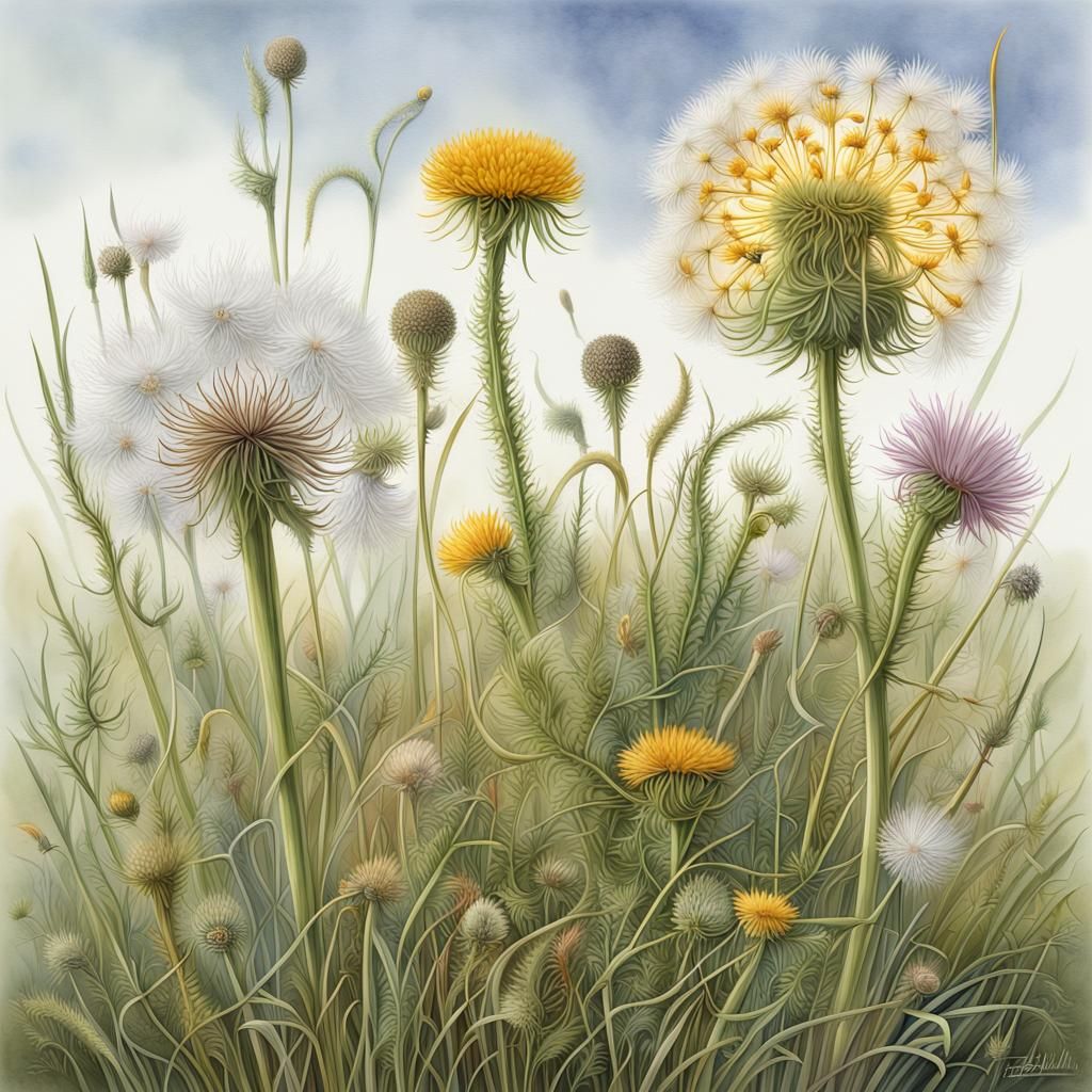 Detailed Watercolor of Weeds and Wildflowers