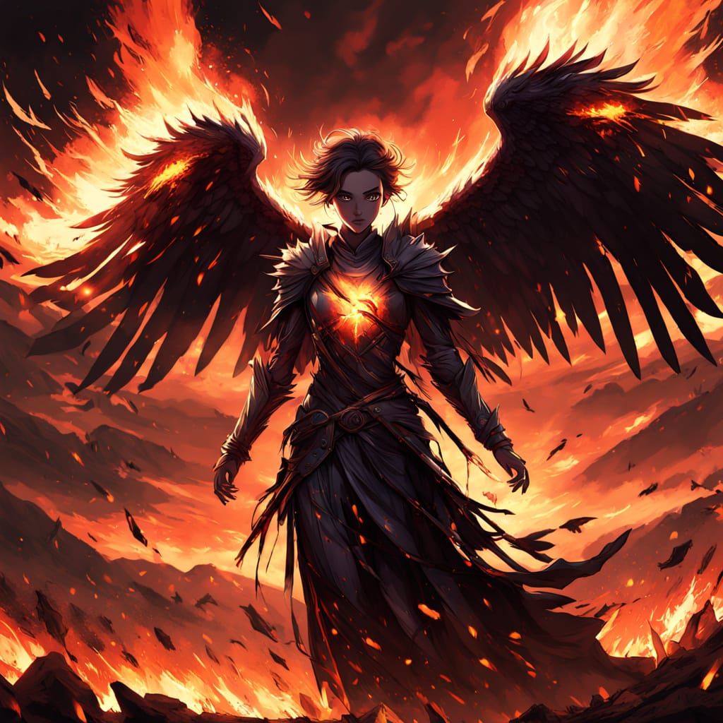 Fallen Angel Plummets from Burning Sky: Anime Art
