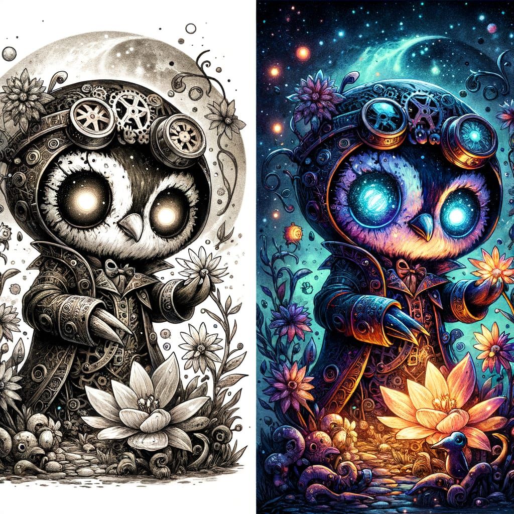 Steampunk Penguin Gardener in Watercolor Style