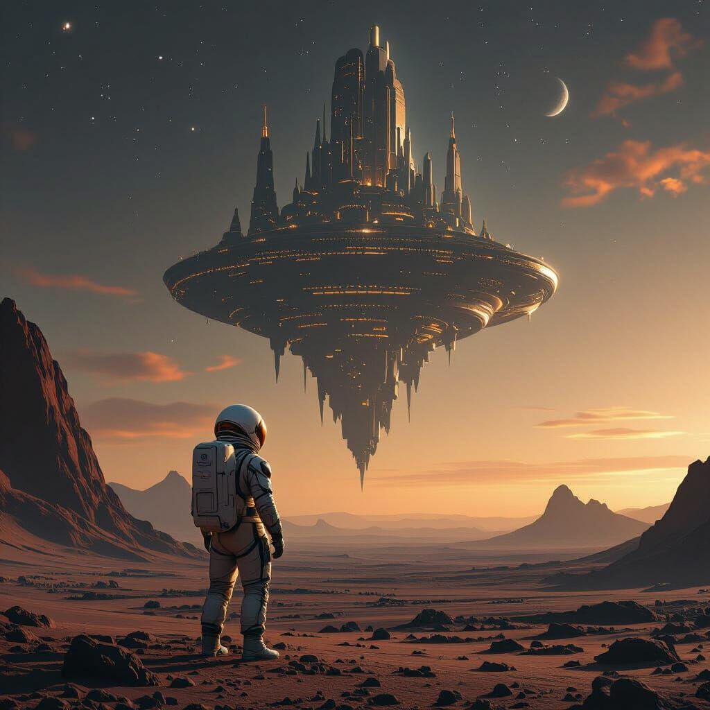 Astronaut Gazes at Chocolate City on Alien Planet