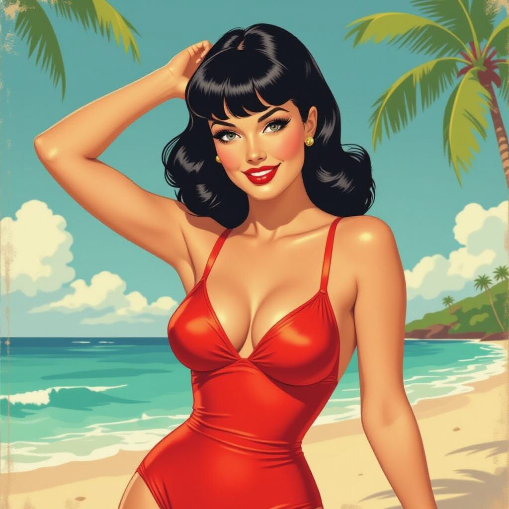 Bettie Page Pinup Pose in Retro Hawaiian Style