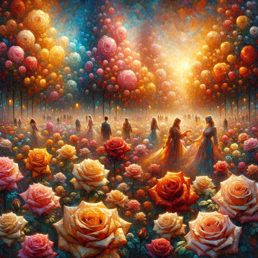 Vivid Rose Garden in Twilight Hues, Post-Impressionistic Sty...