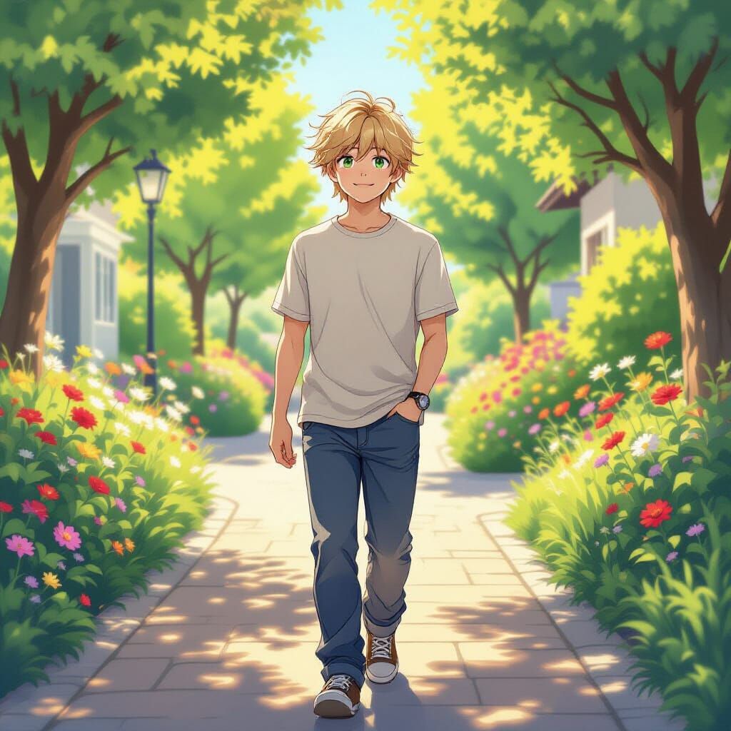 Happy Anime Boy Walking in Sunny Garden