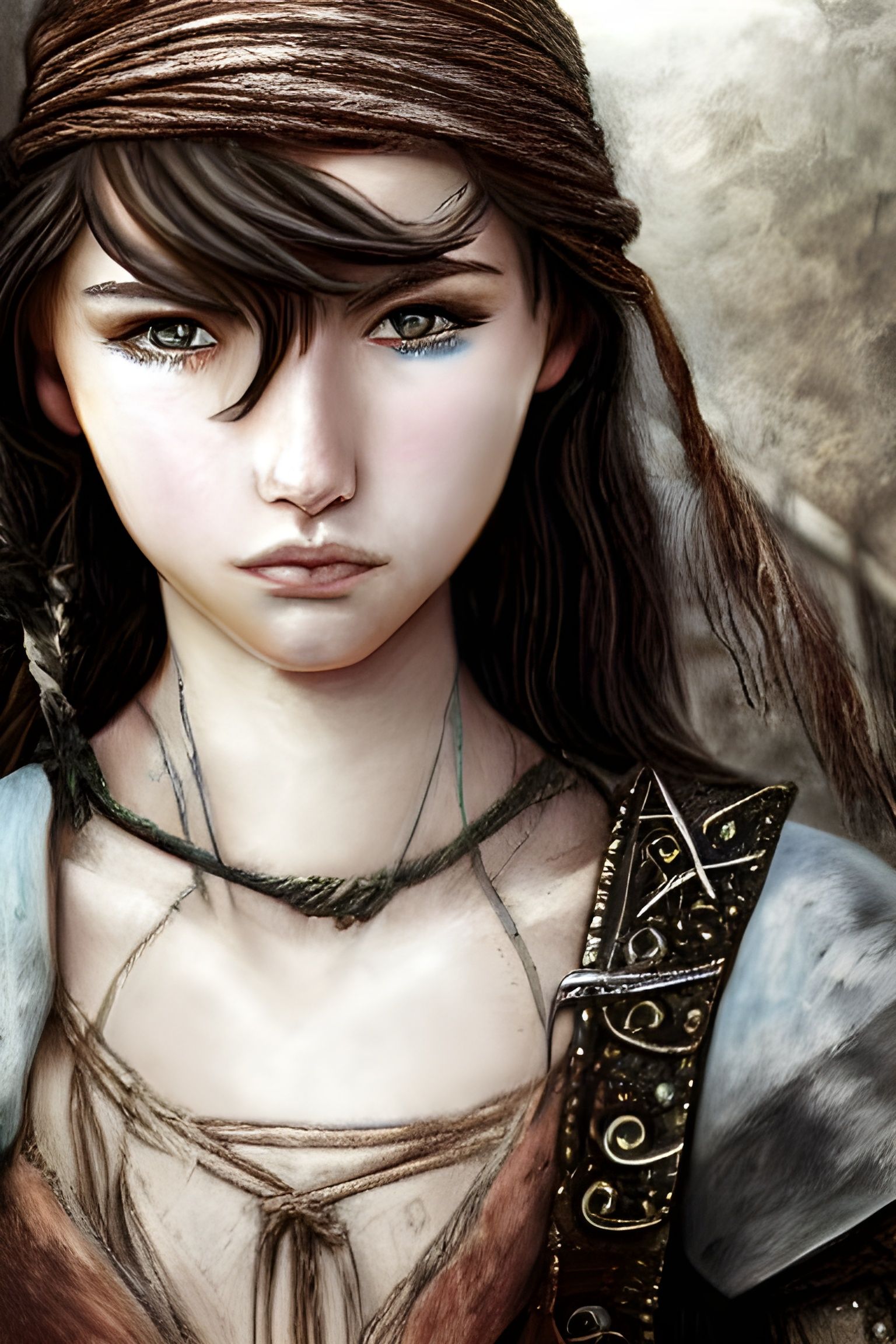 Worried Pirate Girl Portrait in Art Nouveau Style