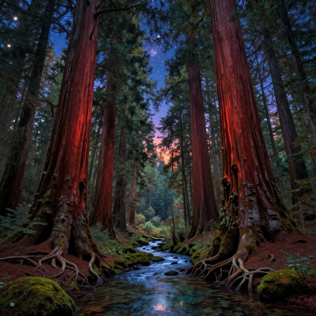 Ancient Redwood Forest Under Twilight Sky