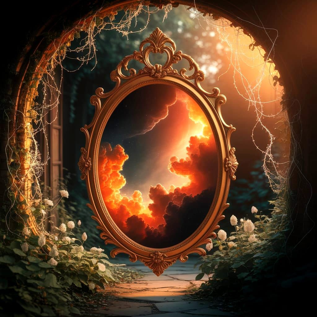 Antique Mirror Reflects Celestial Garden Portal
