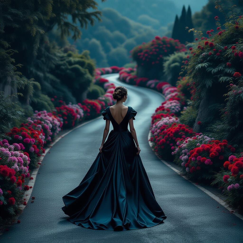 Surreal Lady on Serpentine Road in Noir Style