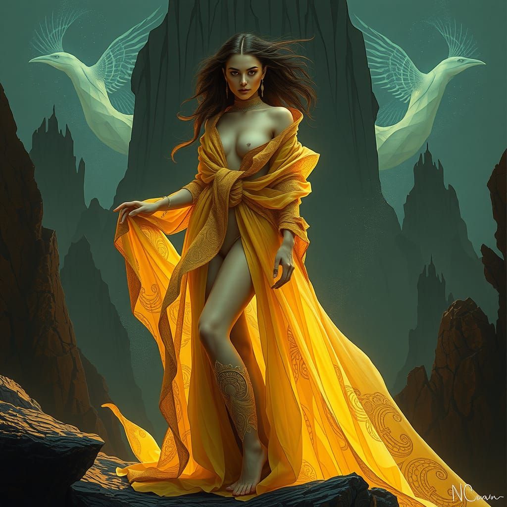 Majestic Woman in Otherworldly Landscape, Detailed Matte Pai...