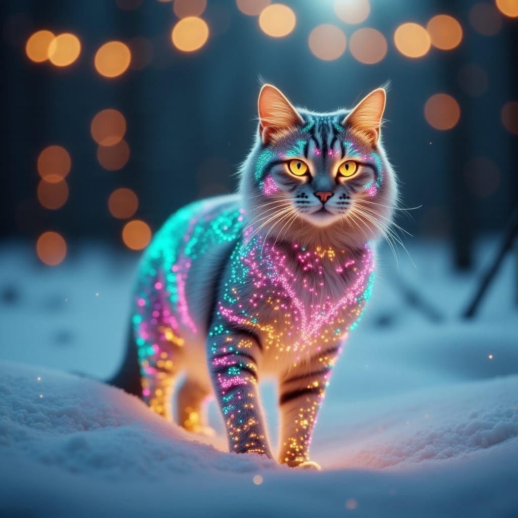 Ethereal Jeweled Cat in Snowy Landscape