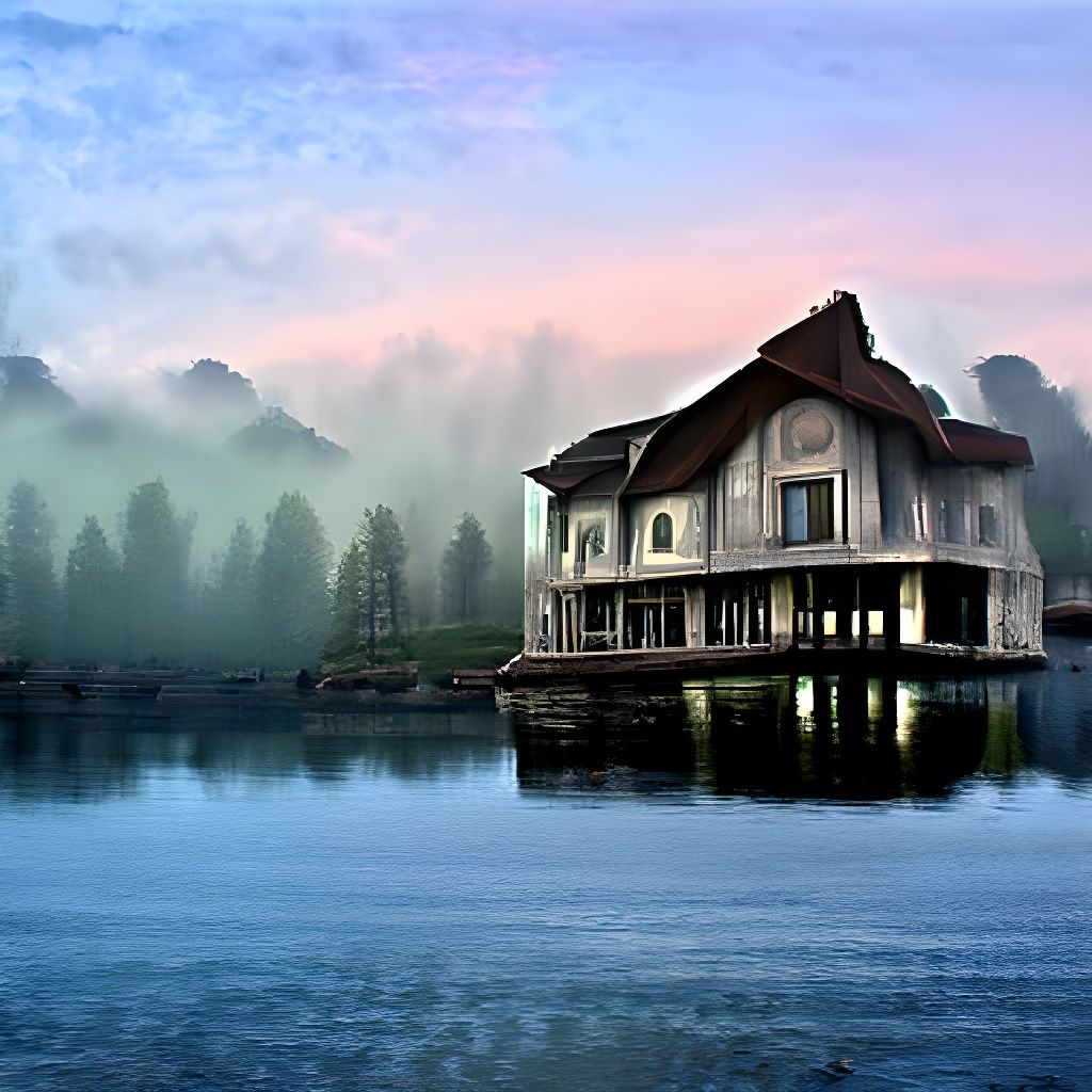 Lake House at Dawn in Matte Painting Style