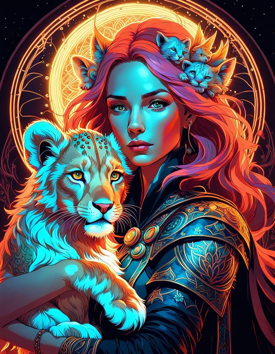 Neon Witch Portrait with Lion Cub