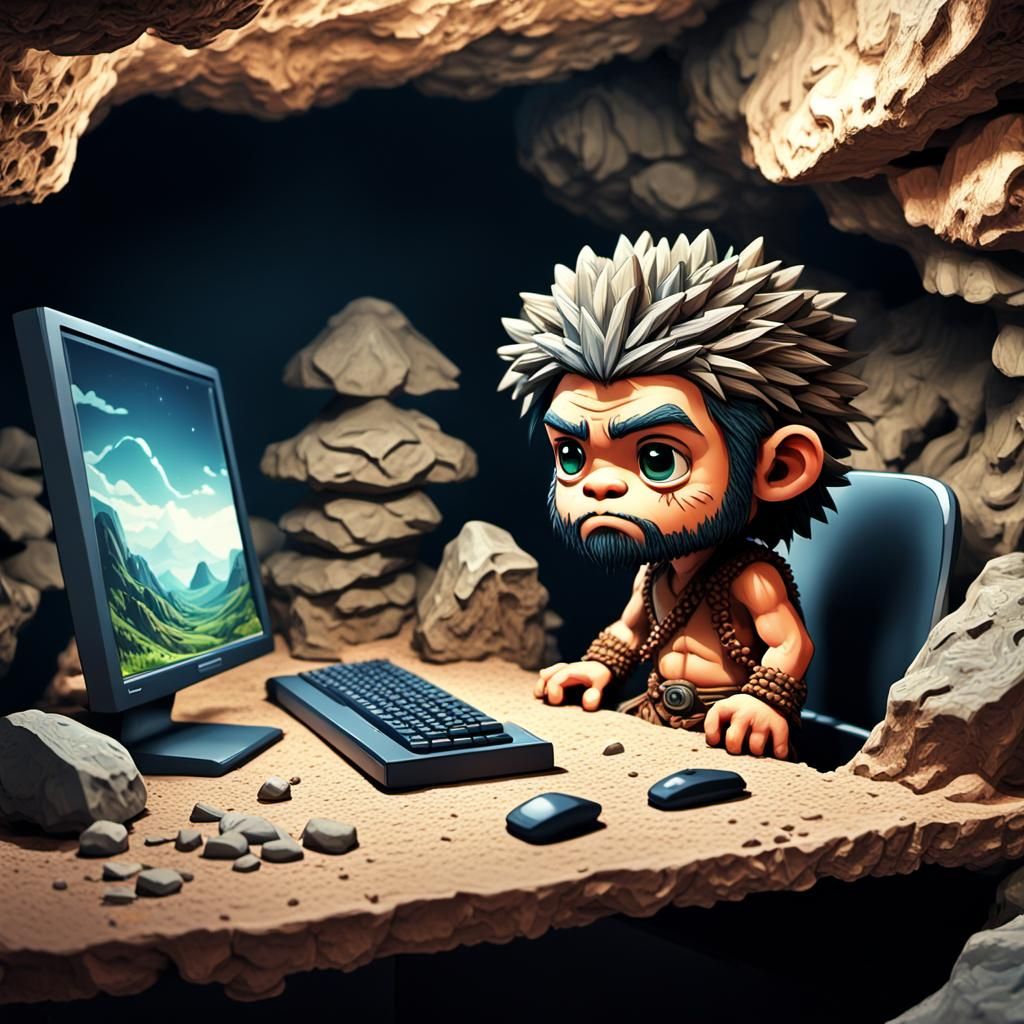 prehistoric cave man with a computer