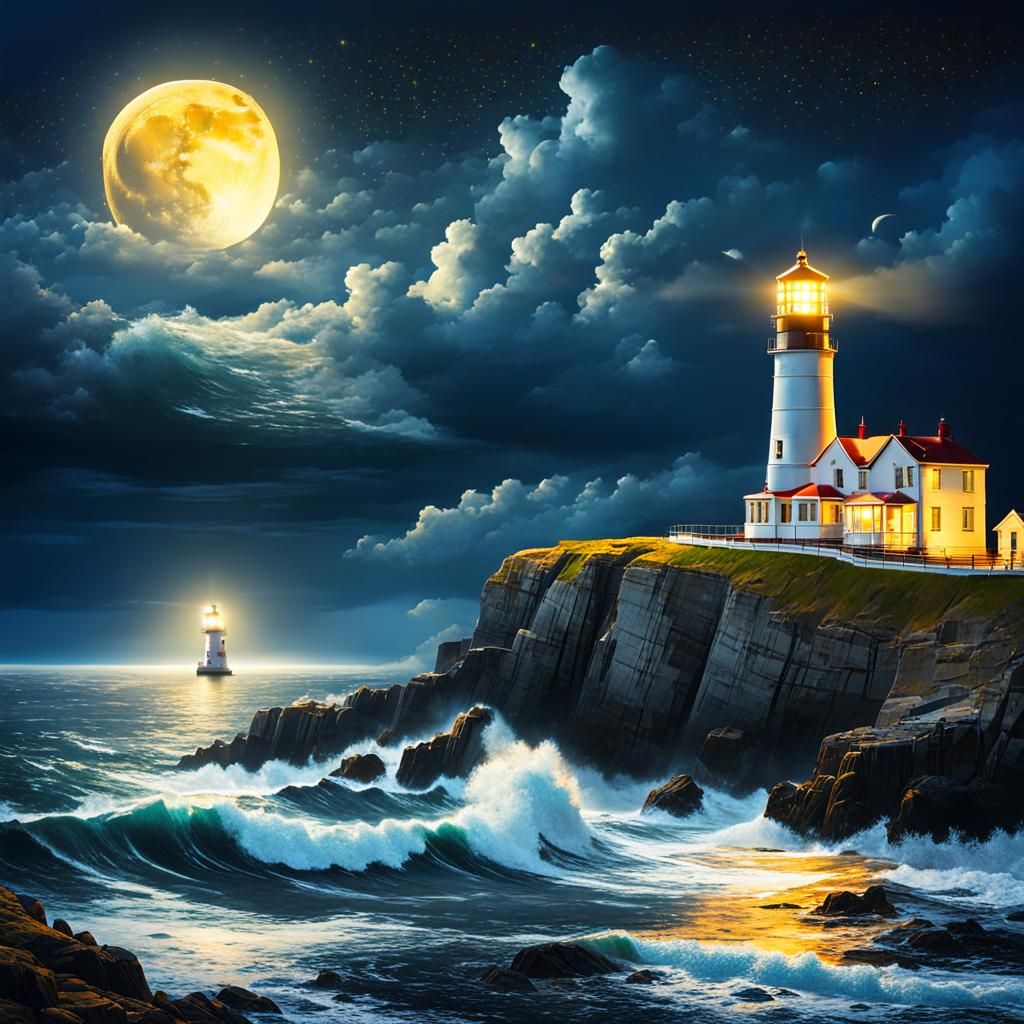Stormy Seascape with Lighthouse and Moonlight
