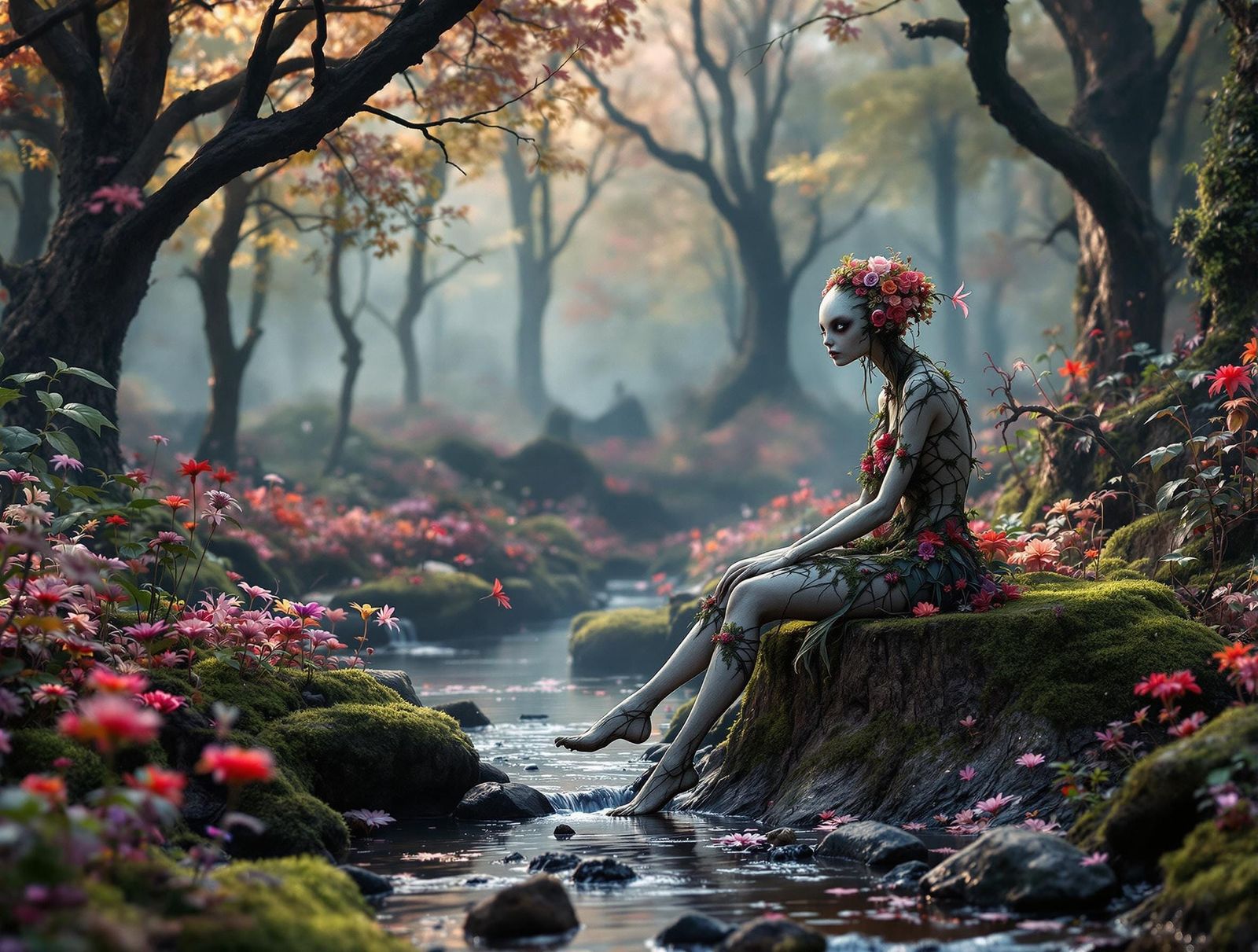 Ethereal Fairy Sits Peacefully by Creek in Surreal Landscape