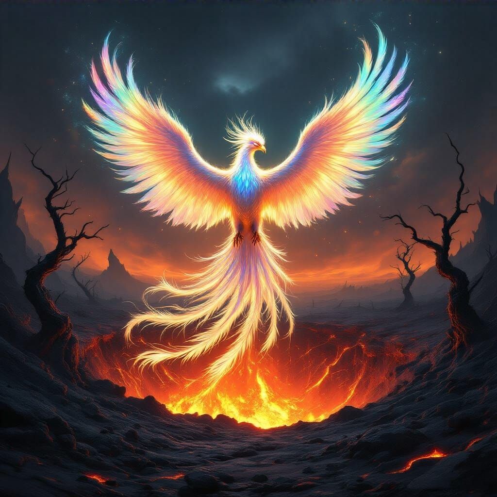 Majestic Bioluminescent Phoenix Rising from Volcanic Crater