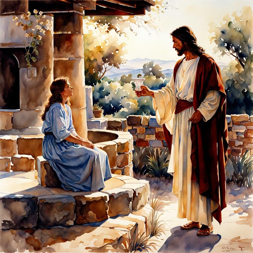 Jesus and Woman at Well: Watercolor Realism