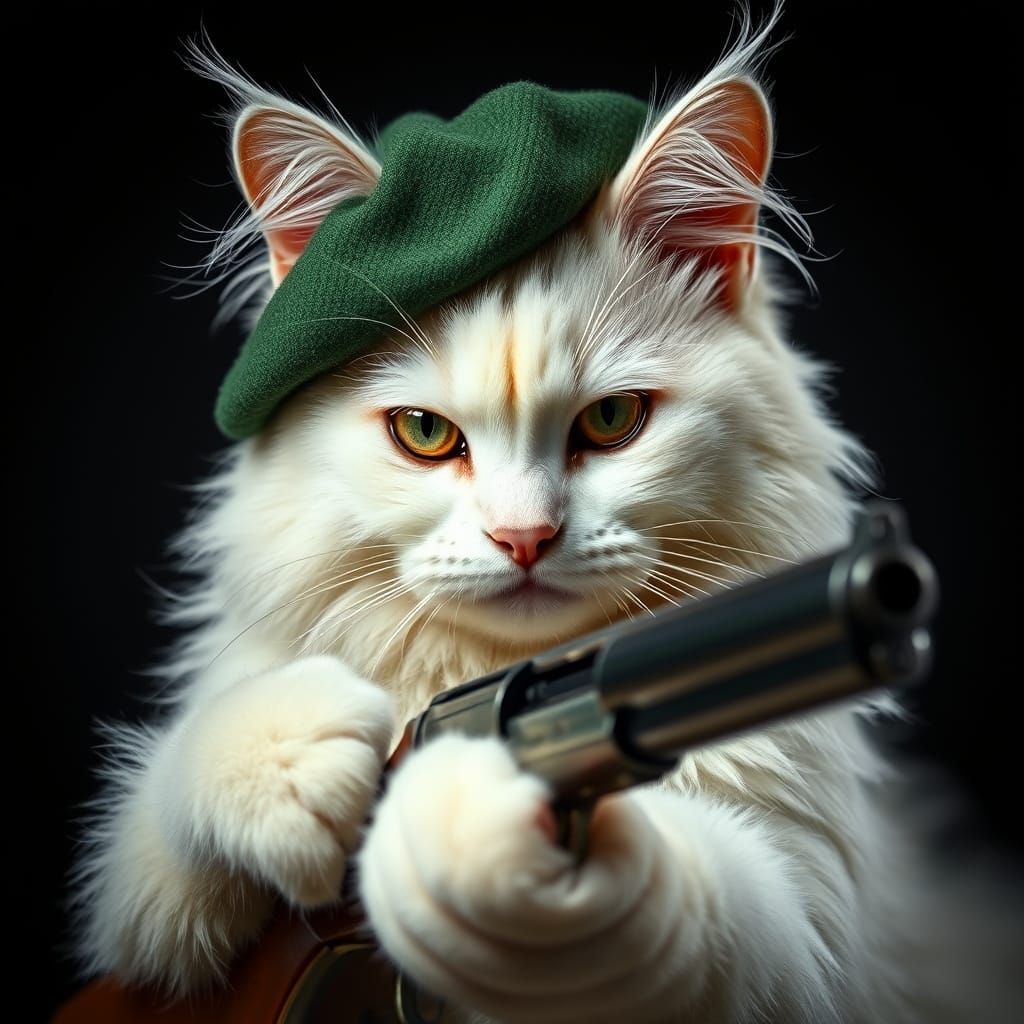 Fearless Feline Commando in Green Beret, Grasping Sawed-Off ...