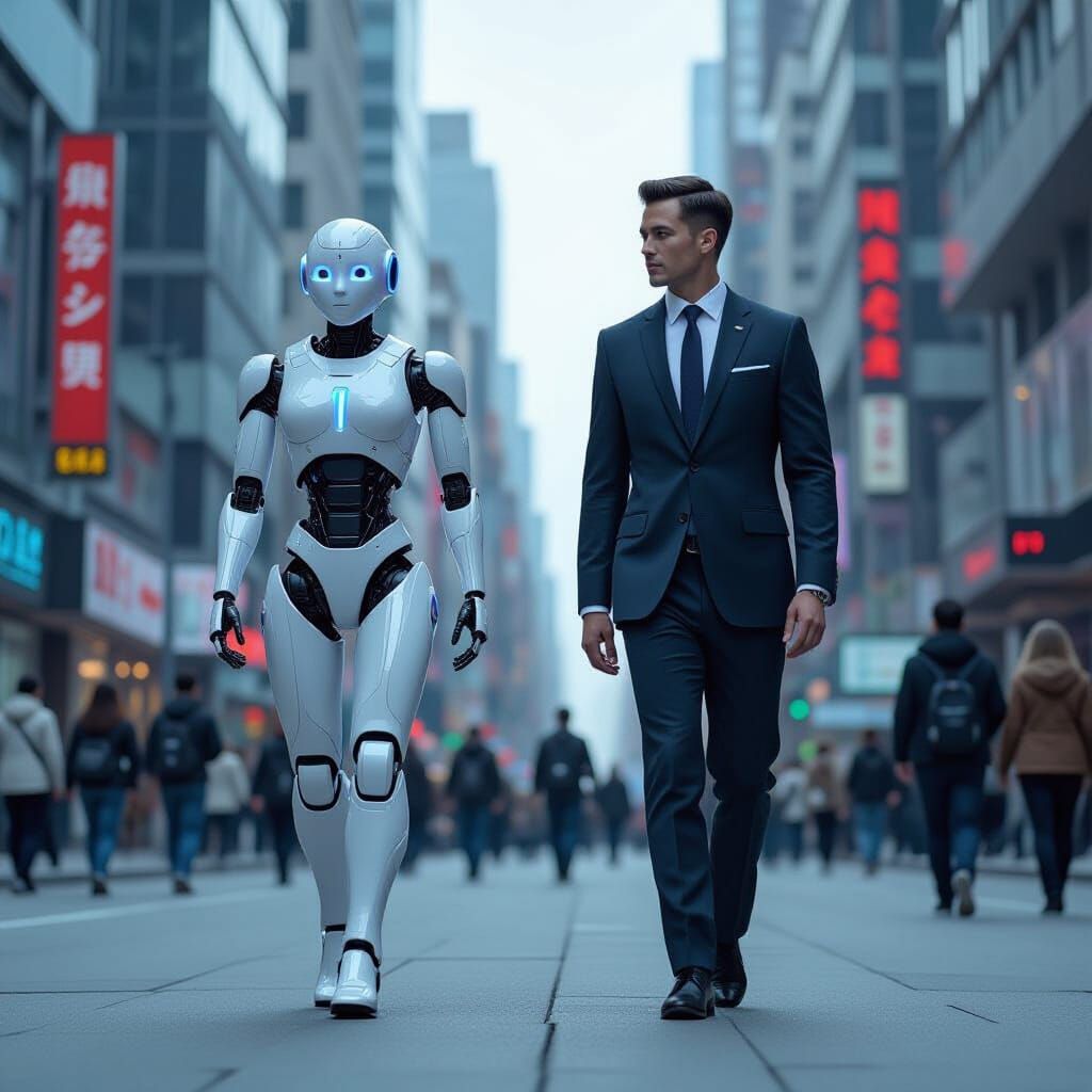 Hyperrealistic Humanoid Robots in a Bustling Cityscape