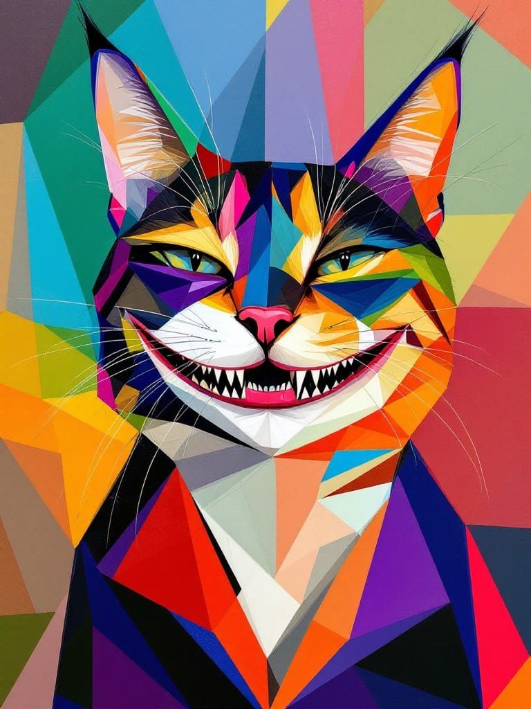 Abstract Geometric Cat with Human Smile