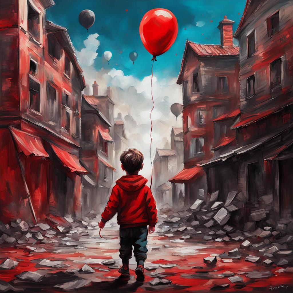 Boy with Red Balloon: Matte Acrylic Painting