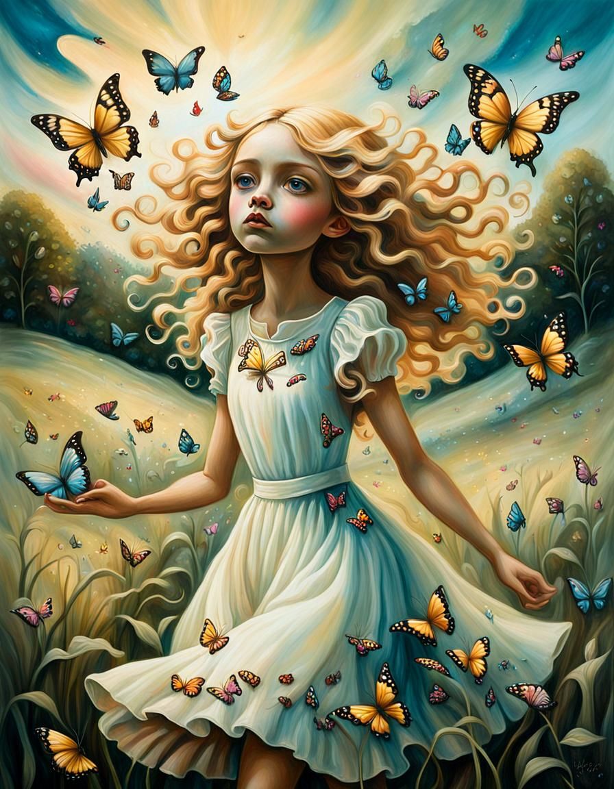 Pop Surreal Portrait of Girl Catching Butterflies