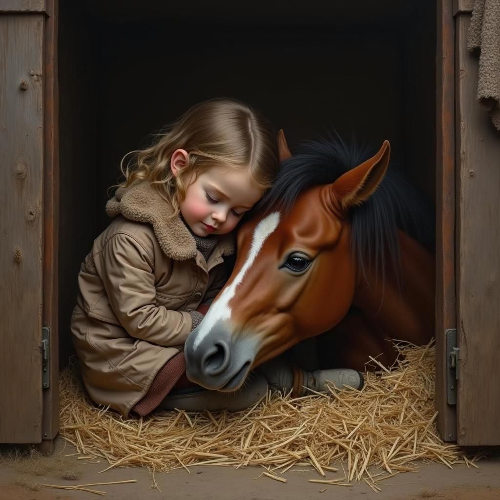 Girl and Pony Snuggle in Stall: Hyperrealistic Oil Painting
