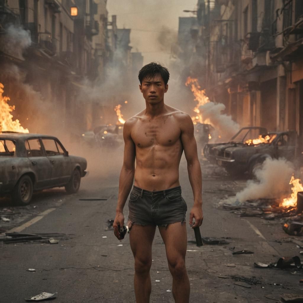 Urban War Scene with Molotov Cocktail, Cinematic Style