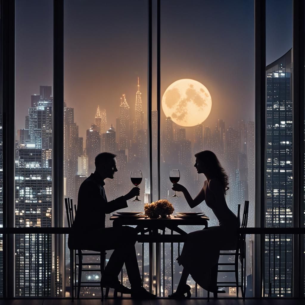 Romantic Silhouette: Couple Toasting on City Balcony
