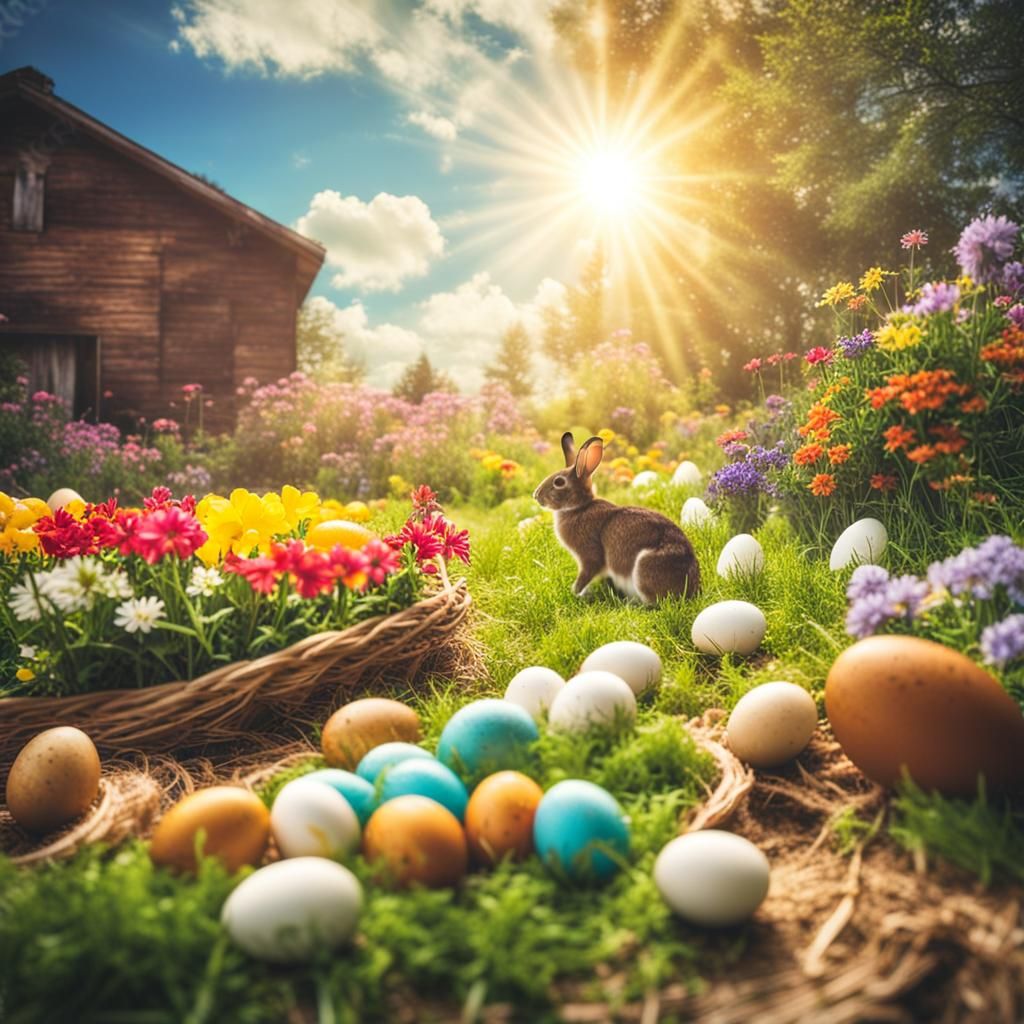 Cute Rabbit's Easter Egg Hunt in Sunny Garden