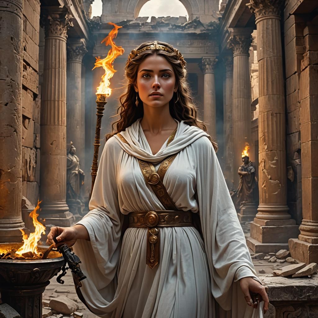 Vesta Goddess in Roman Temple with Torch