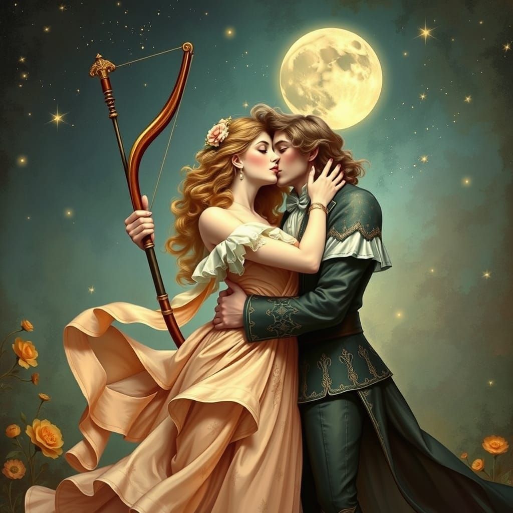 Sagittarius and Leo Embrace in Whimsical Art Nouveau Style