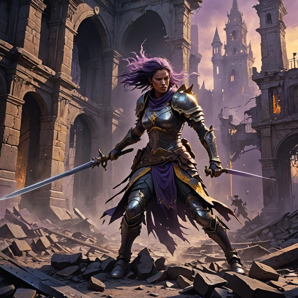 Dark Fantasy Female Warrior in Ruined City