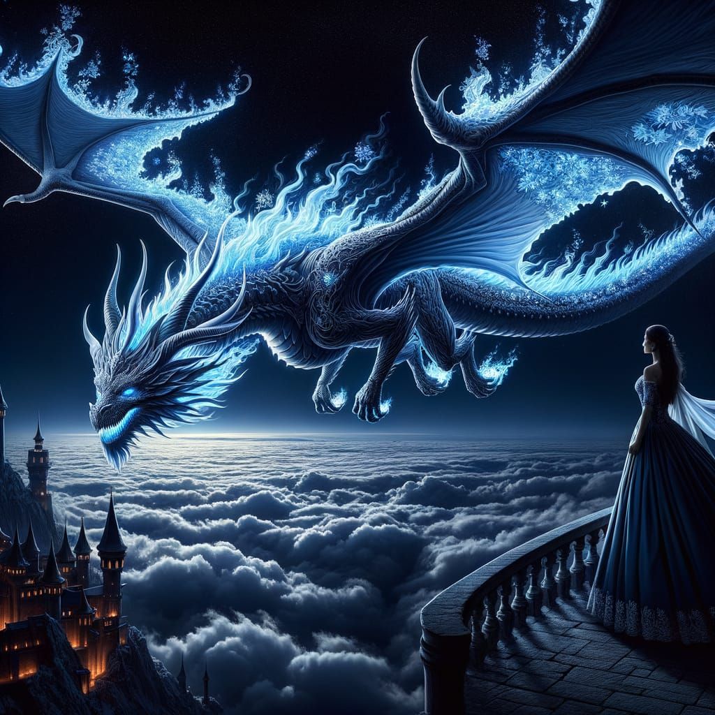 Fiery Dragon Over Cloud Castle at Night