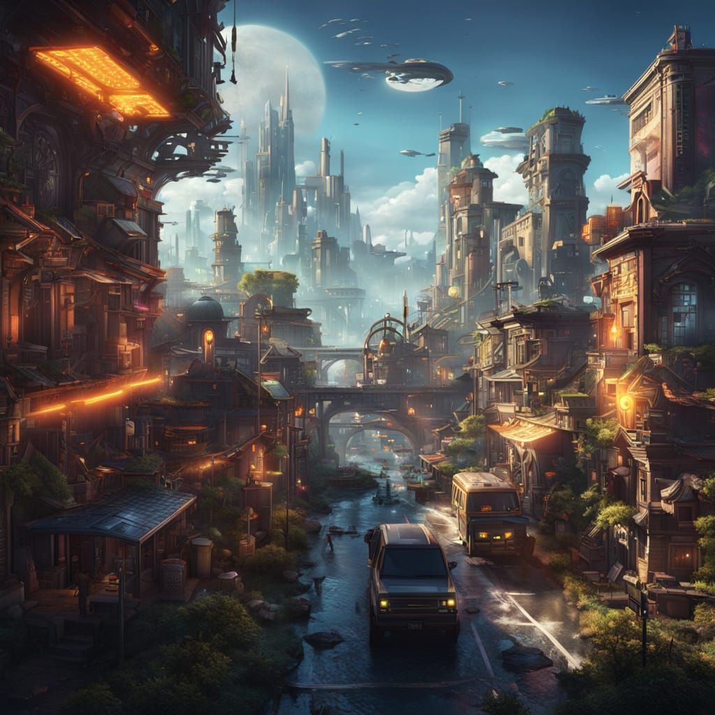 Vibrant Solarpunk Cityscape in Fantastical Details