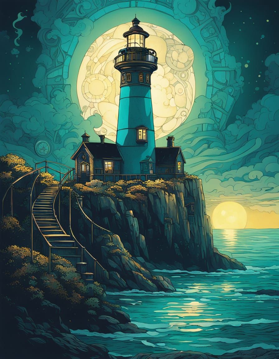 Surreal Lighthouse Overlooking Turquoise Ocean In Art Nouvea...