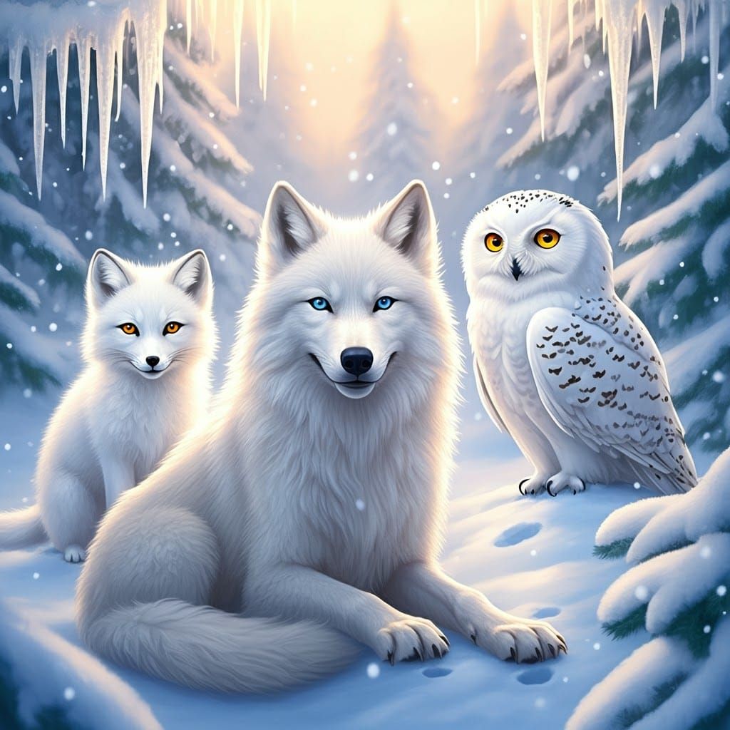 Snowy Owl, Arctic Fox, and Arctic Wolf in the snow
