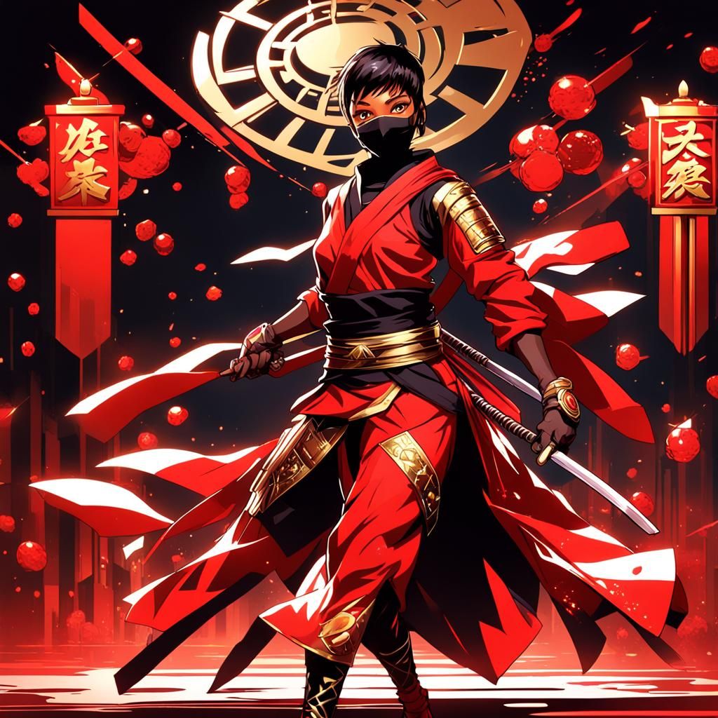 Anime Ninja with Ruby Accents in Cel-Shaded Style