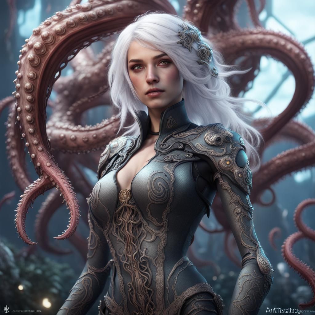 Young Woman with Tentacles in Detailed Matte Painting