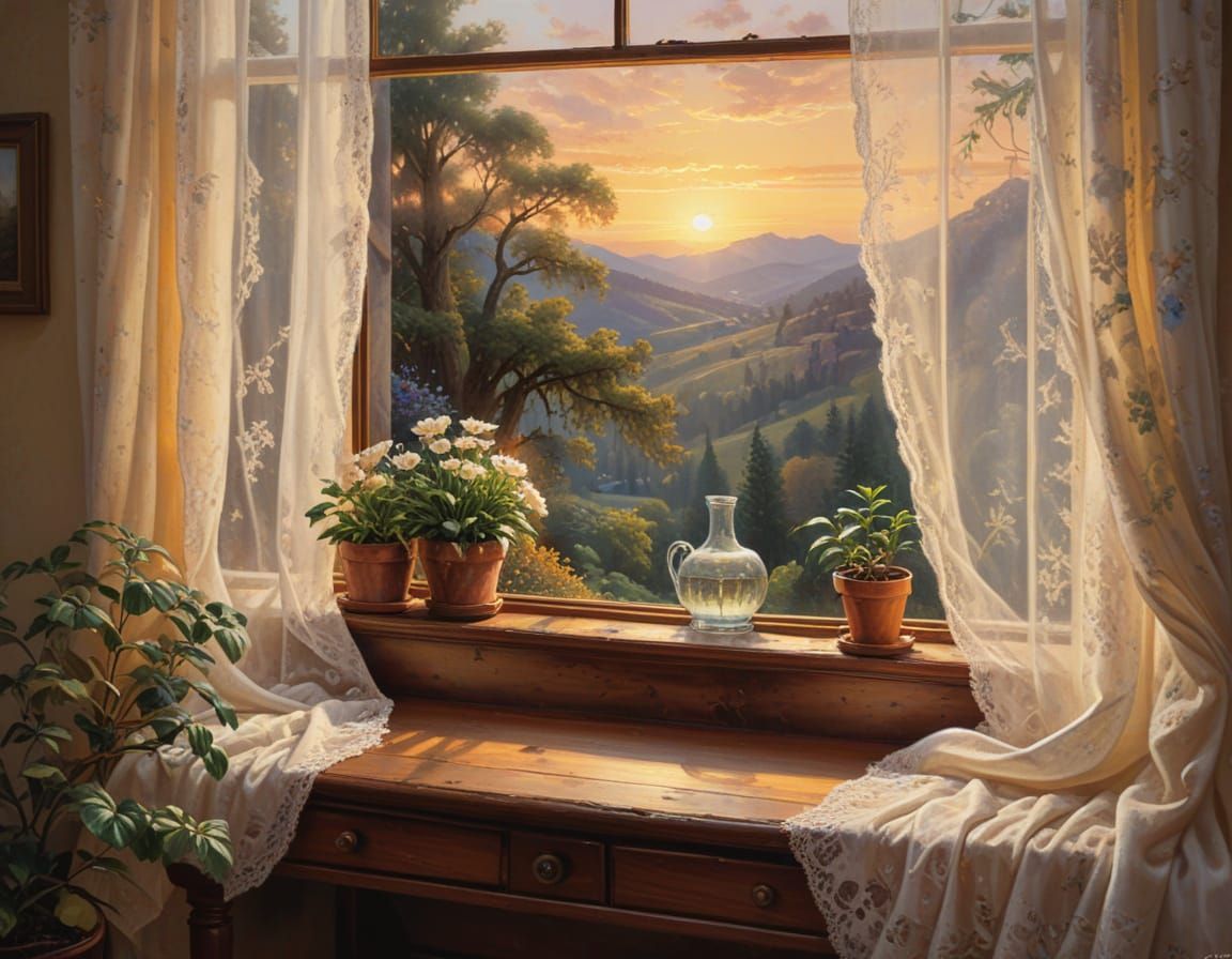 Dreamy Sunset Landscape in Oil Painting Style