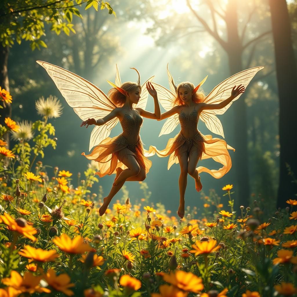 Elves Dancing in Sunlit Forest: Art Nouveau Style