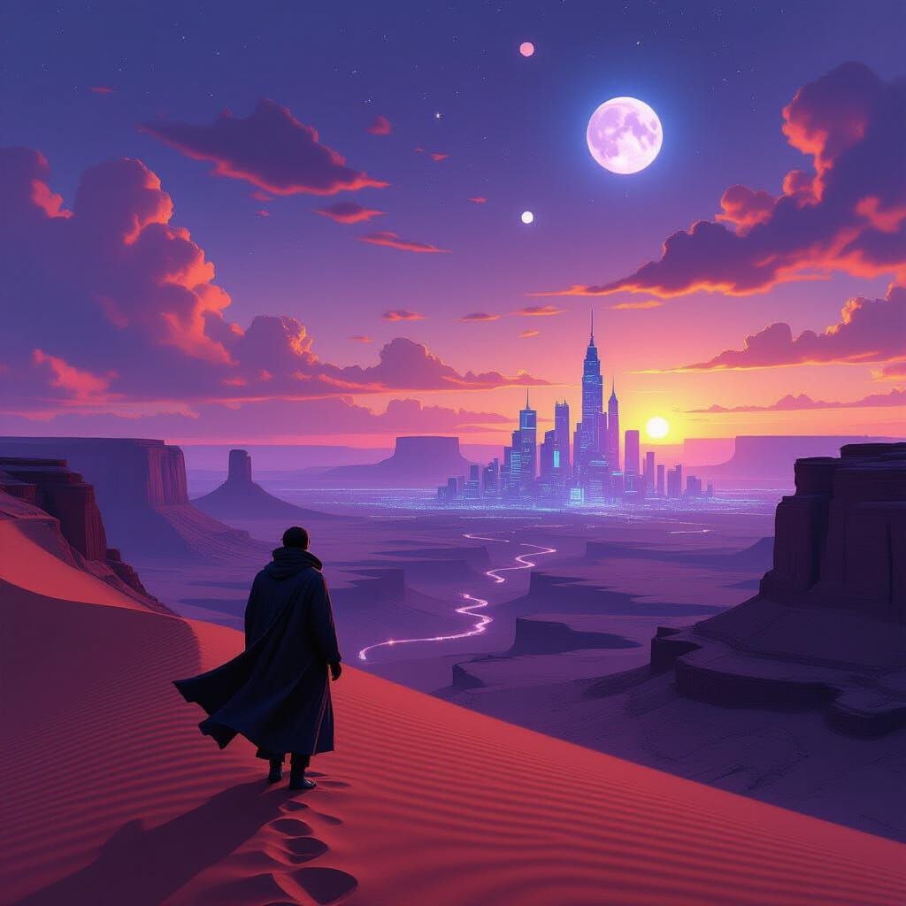 Cyberpunk Cityscape with Lone Traveler, Digital Art