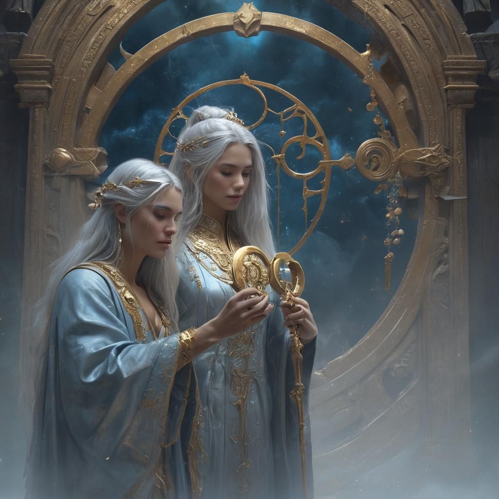 Silver Haired Woman with Key Before Golden Portal