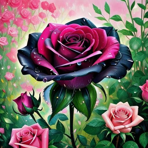 Pink and Black Rose with Dew Drops in Impasto Style