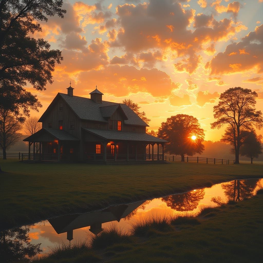 Rustic Farmhouse at Sunset with Wooden Barn and Horse Stable