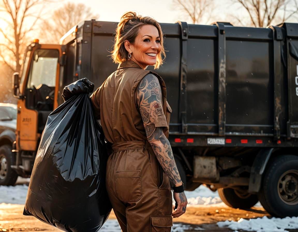 Fierce Mechanic Woman Collects Garbage in Morning Snow