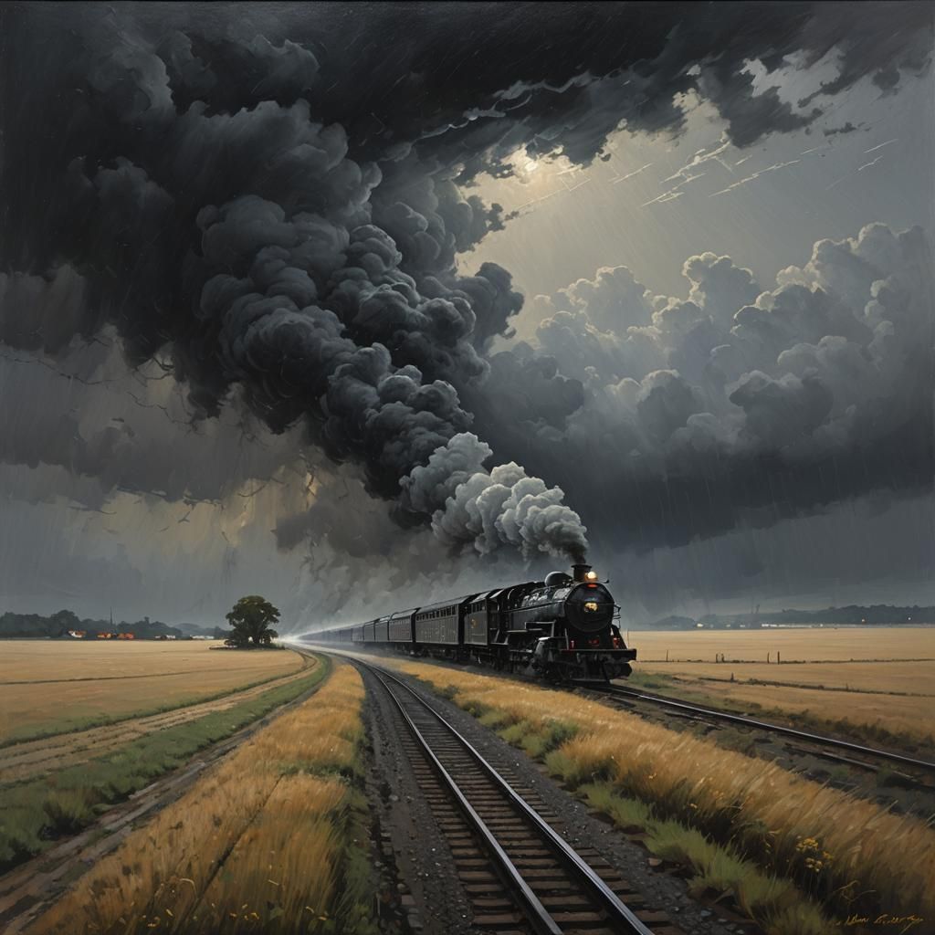 Train Through Foggy Fields, Oil Painting Style