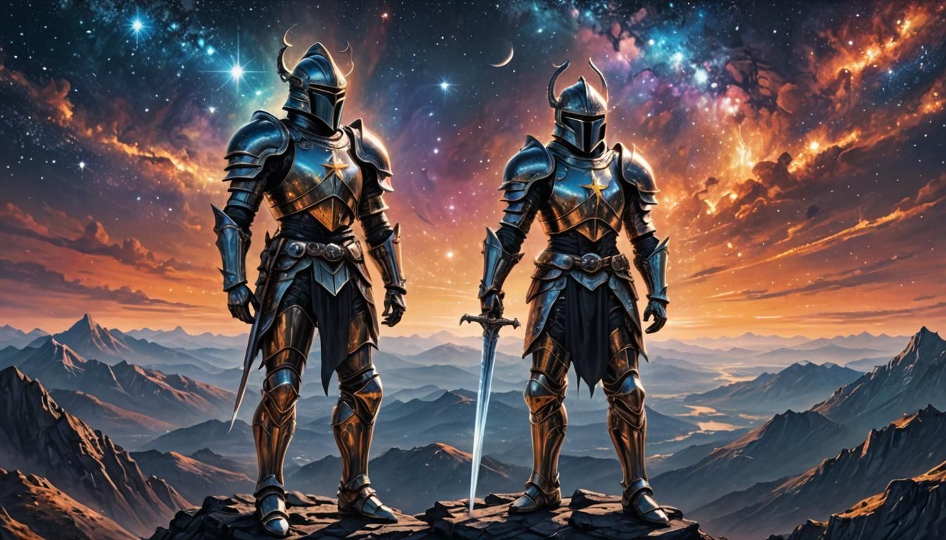 Celestial Knight on Mountaintop: Cosmic Digital Art