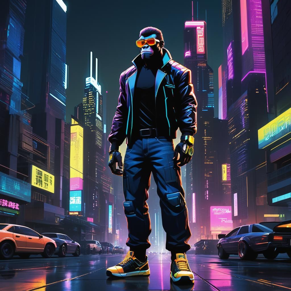 Ape in Cyberpunk Style Cityscape with Neon Lights