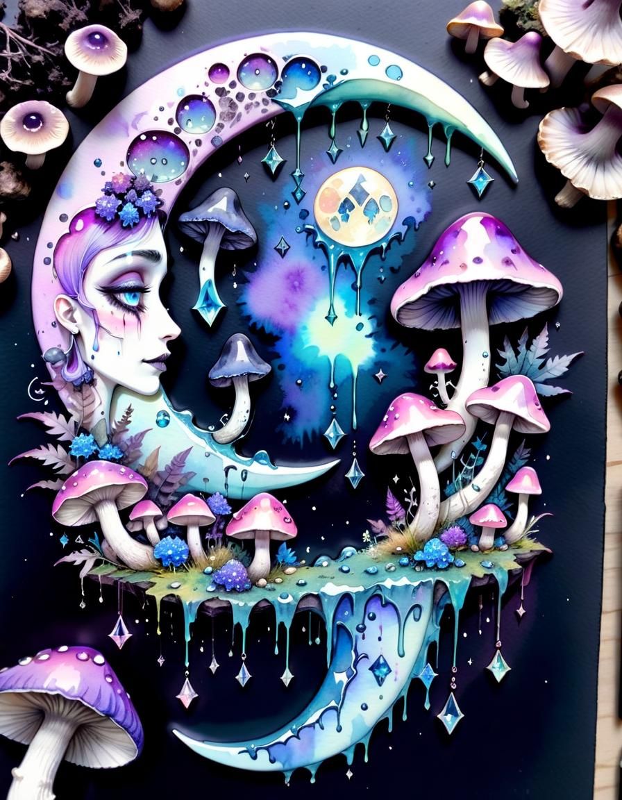 Pastel Goth Crescent Moon with Crystals in Watercolour
