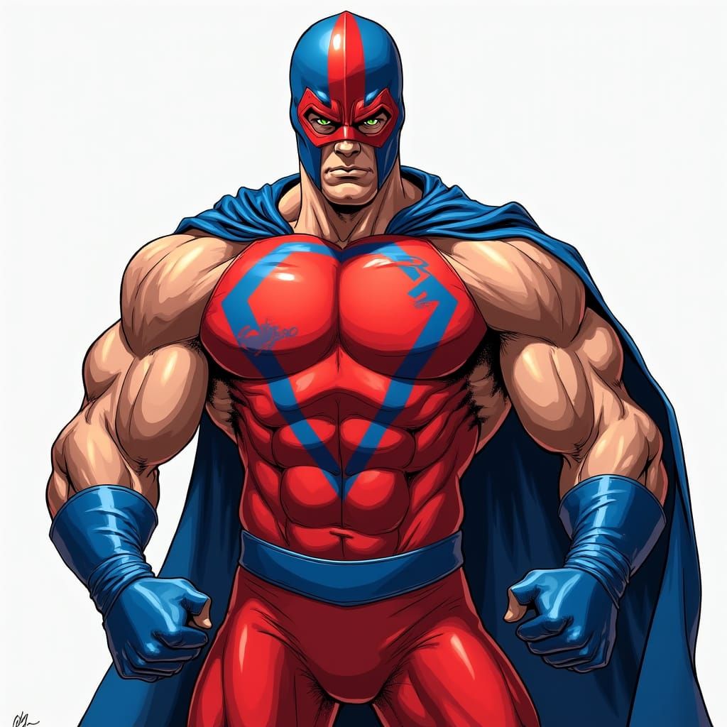 Muscular Superhero in Luchadore Mask with Flowing Cape